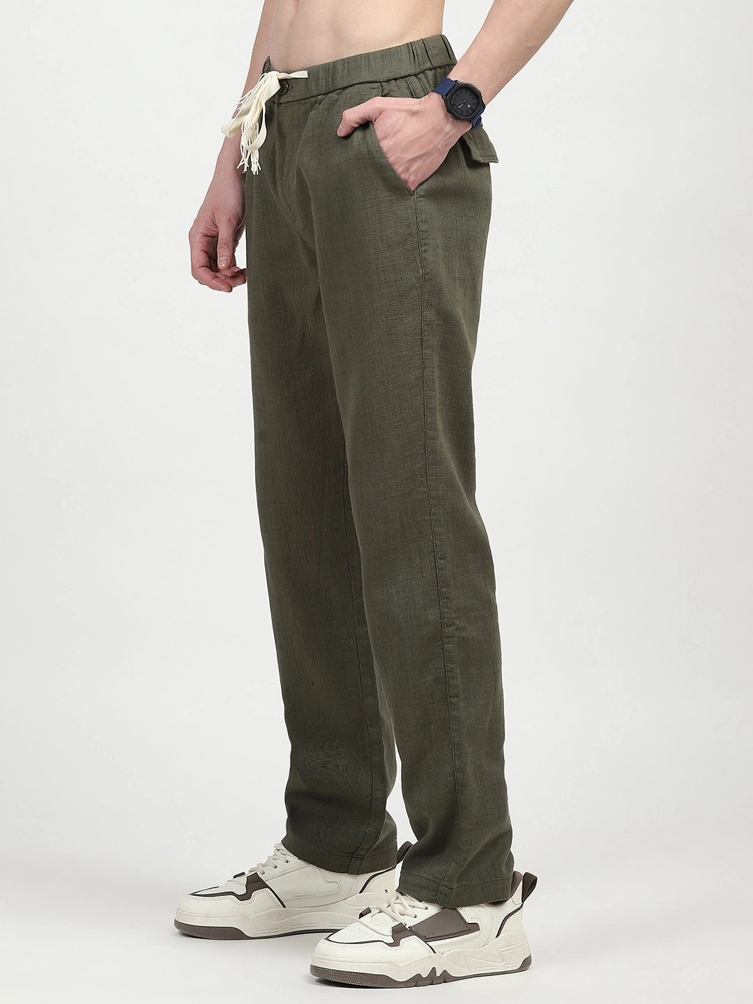 Olive Solid Cotton Loose Fit Trouser - Global Republic