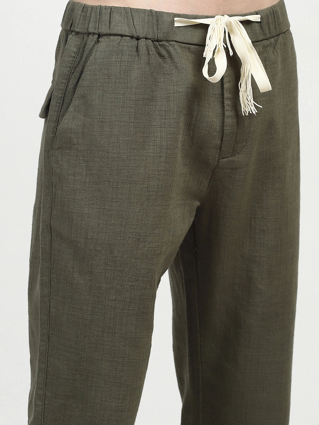 Olive Solid Cotton Loose Fit Trouser - Global Republic