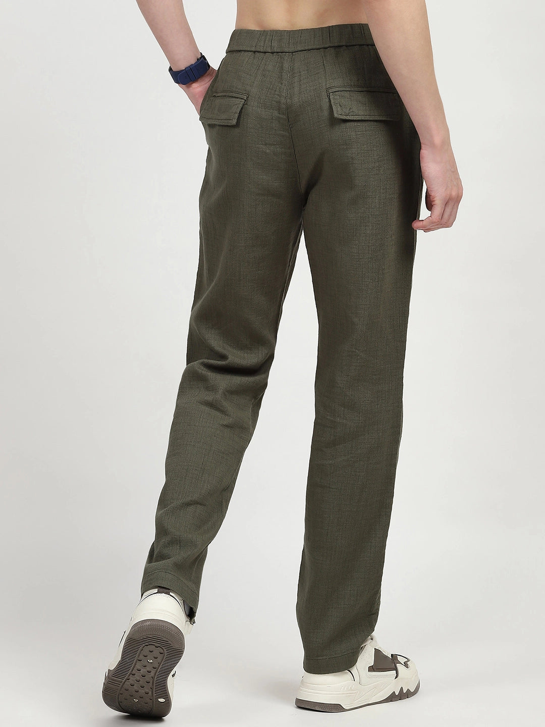 Olive Solid Cotton Loose Fit Trouser - Global Republic