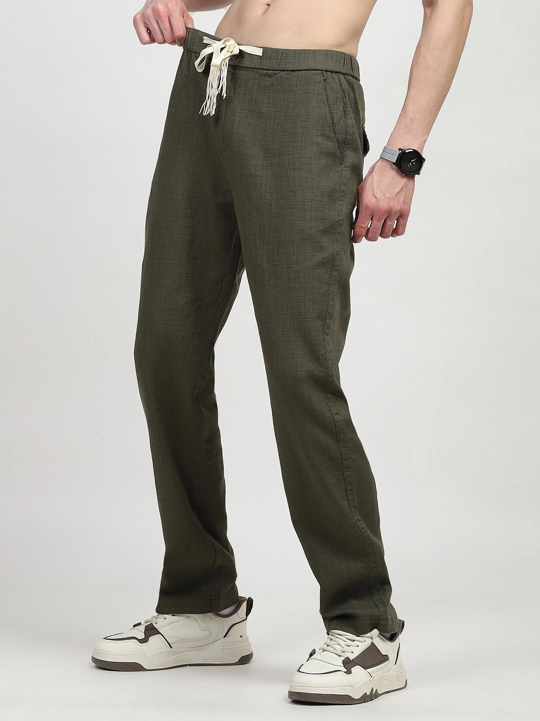 Olive Solid Cotton Loose Fit Trouser - Global Republic