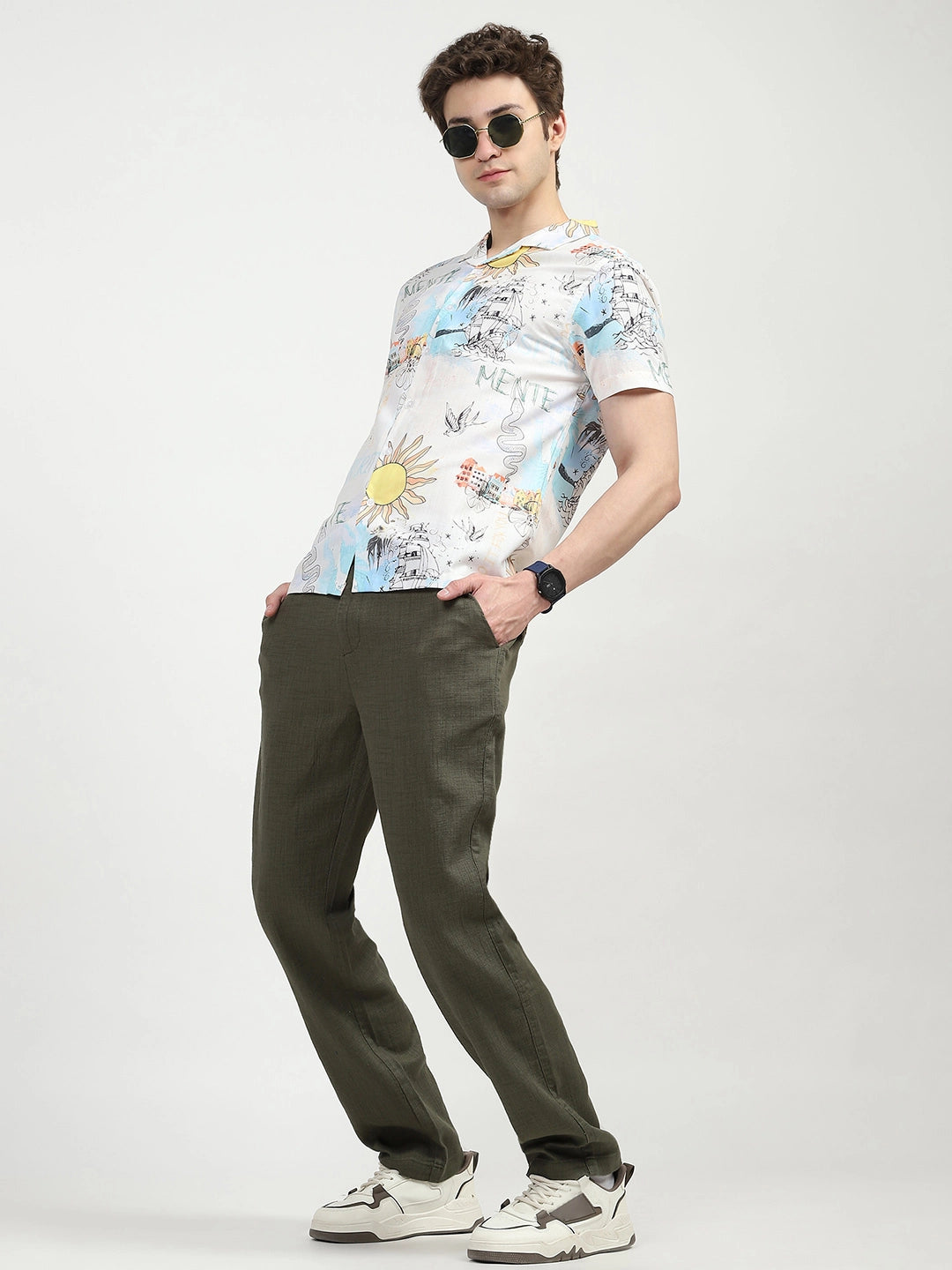 Olive Solid Cotton Loose Fit Trouser - Global Republic