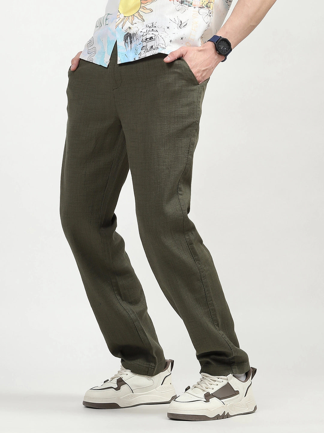 Olive Solid Cotton Loose Fit Trouser - Global Republic
