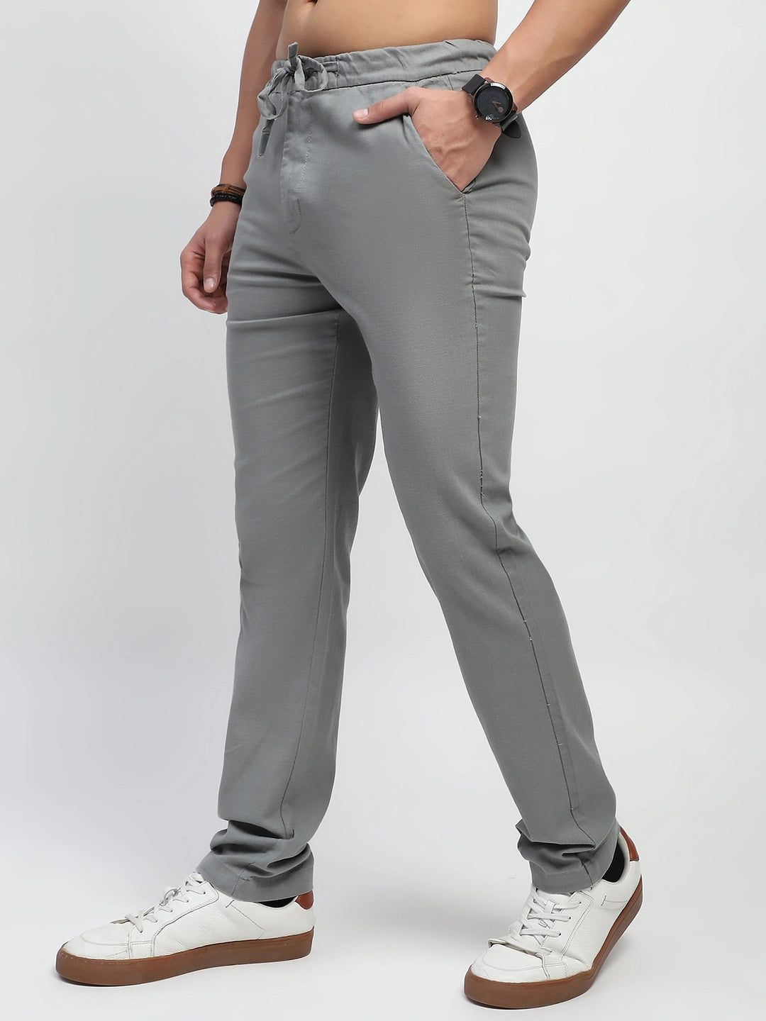 Olive Solid Cotton Regular Fit Trouser - Global Republic
