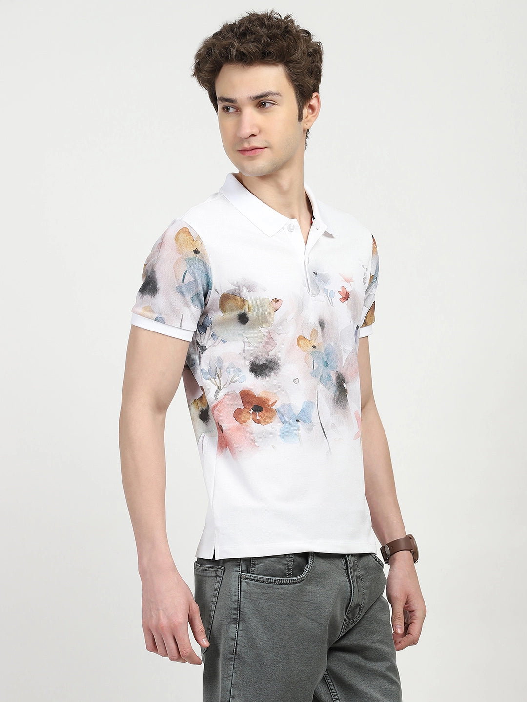 White Floral Print Polo T-Shirt - Global Republic