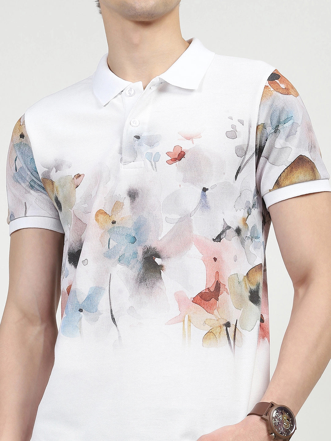 White Floral Print Polo T-Shirt - Global Republic