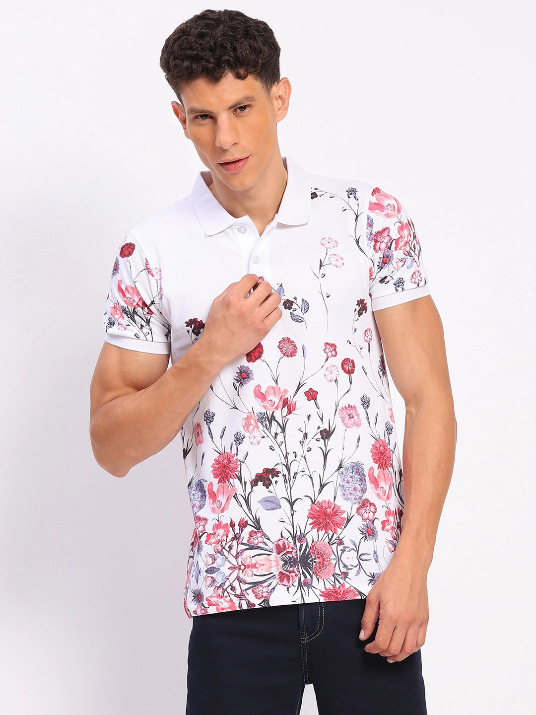 Floral Print 100% Cotton Polo T-Shirt - Global Republic