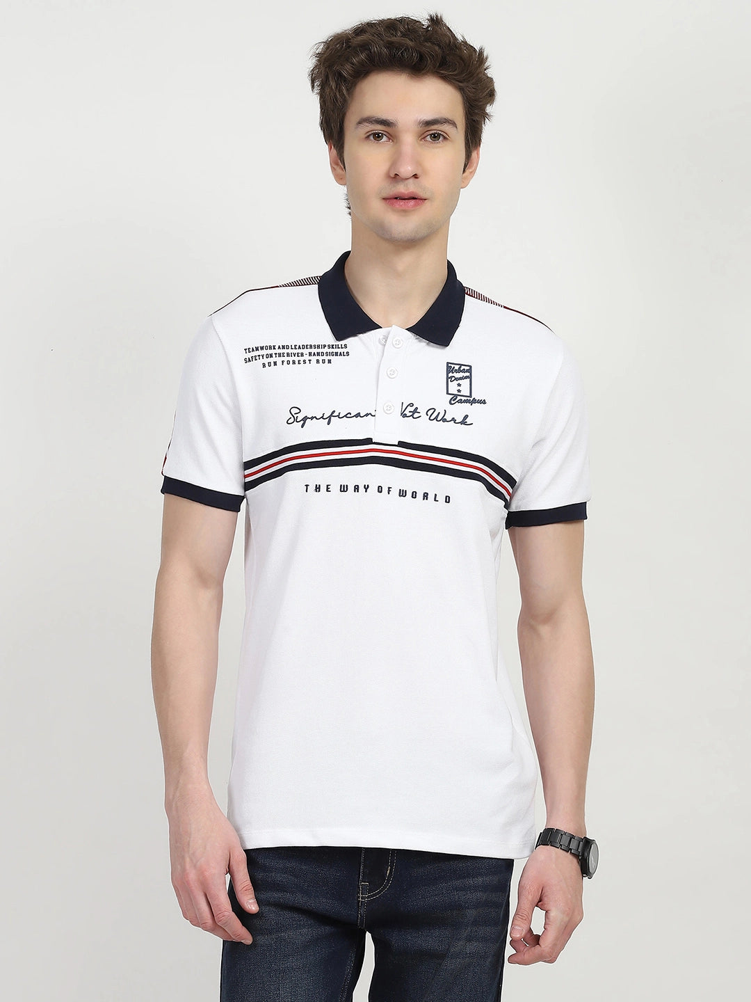 White Typography Cotton Polo T-shirt - Global Republic