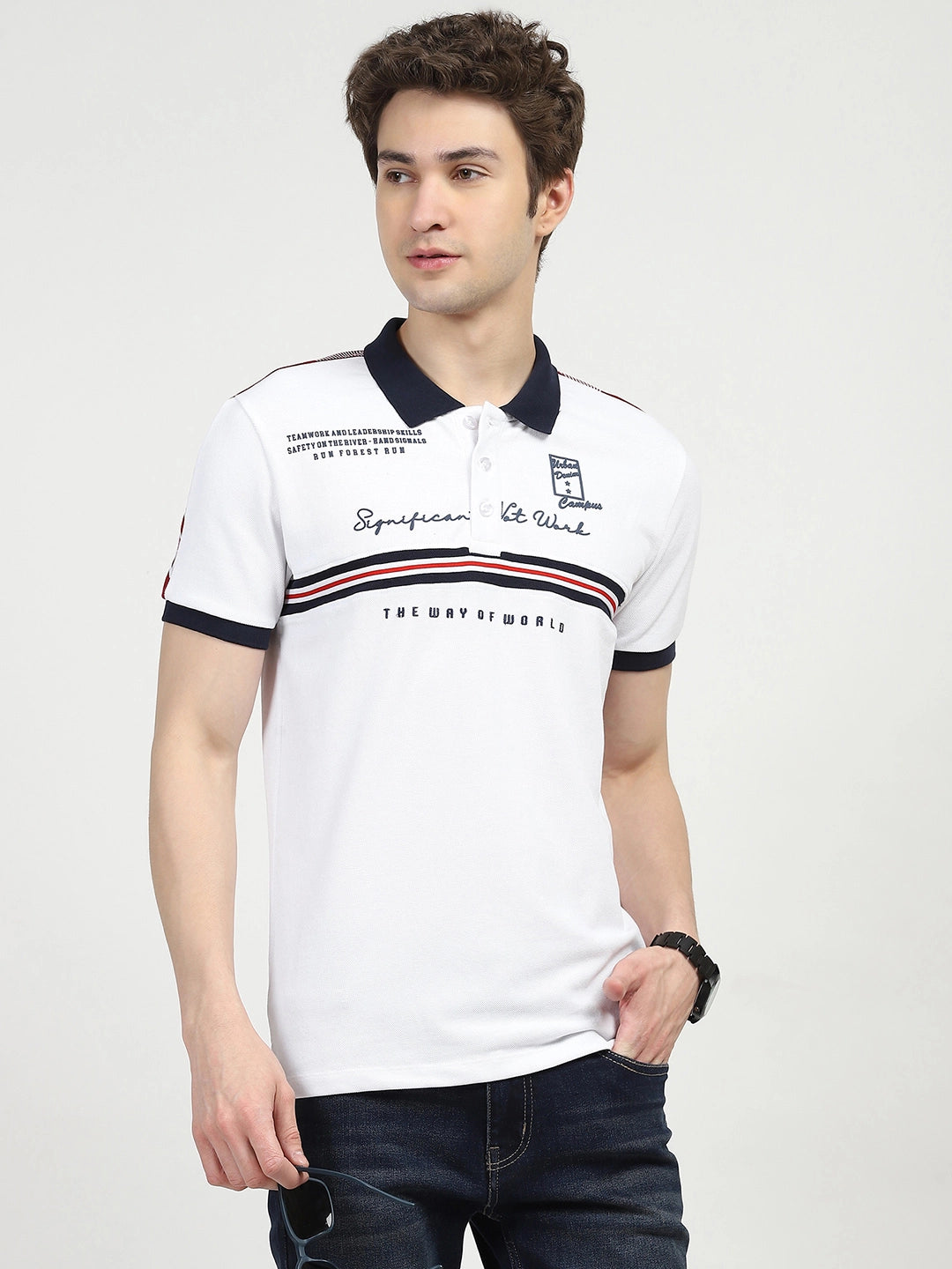 White Typography Cotton Polo T-shirt - Global Republic