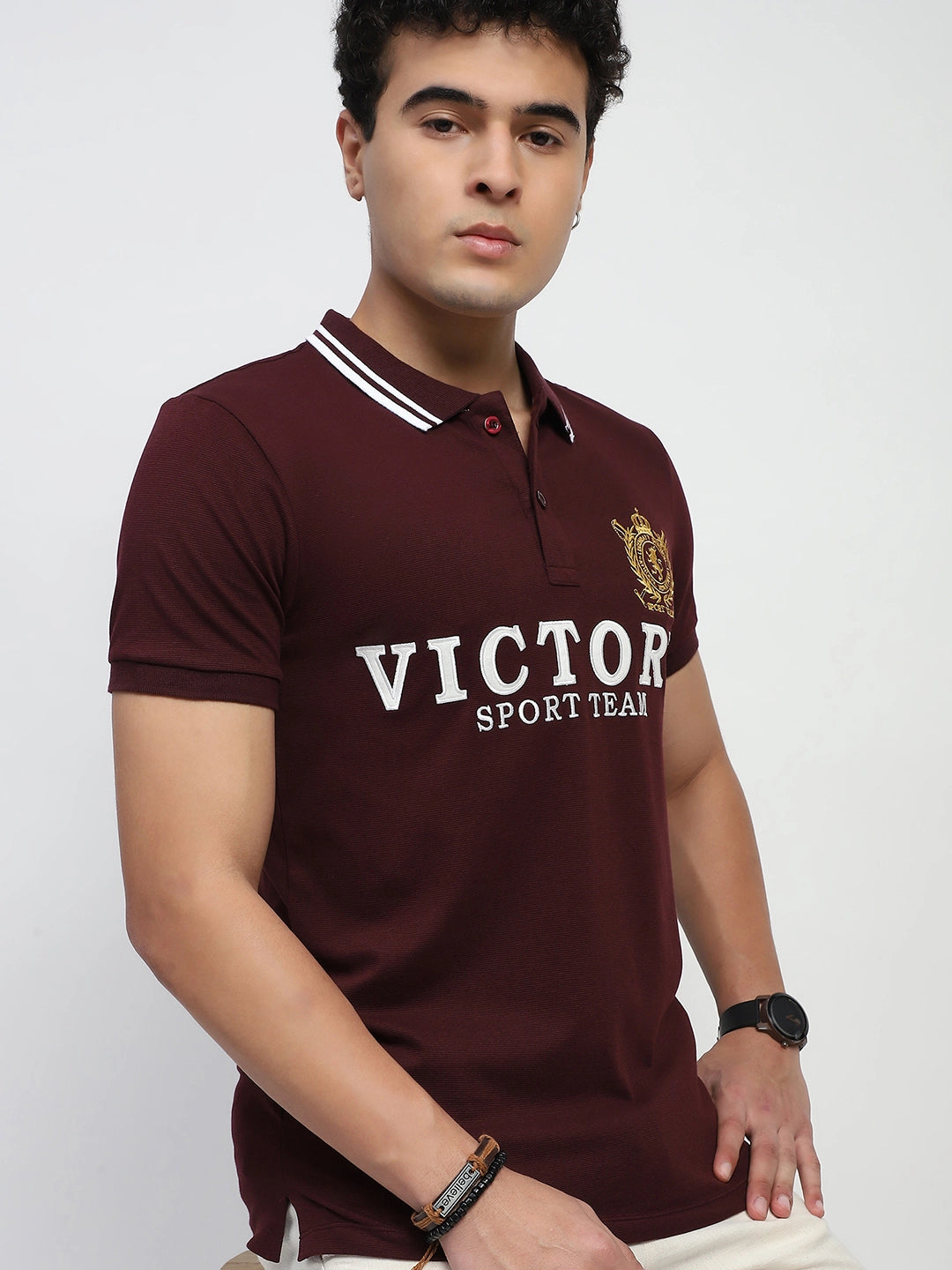 Wine Embroidered Cotton Polo T-Shirt - Global Republic
