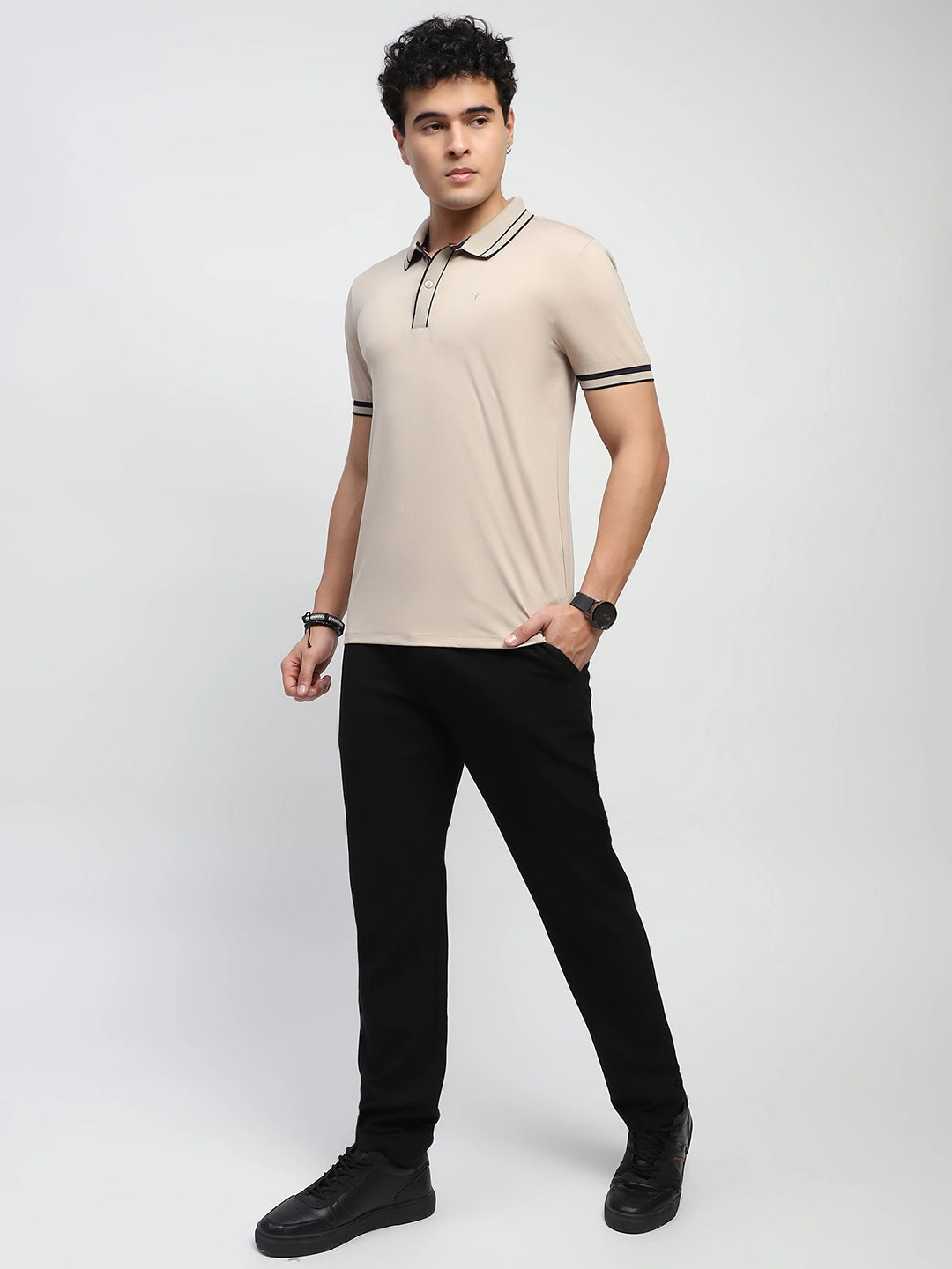 Beige Solid Cotton Blend Polo T-Shirt - Global Republic