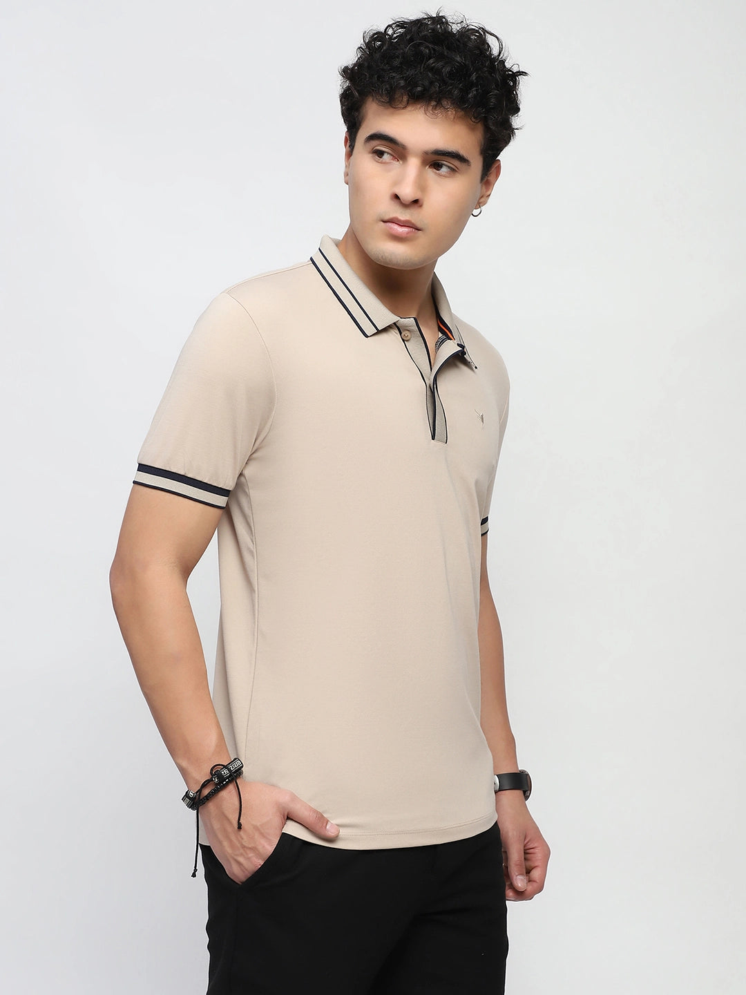 Beige Solid Cotton Blend Polo T-Shirt - Global Republic