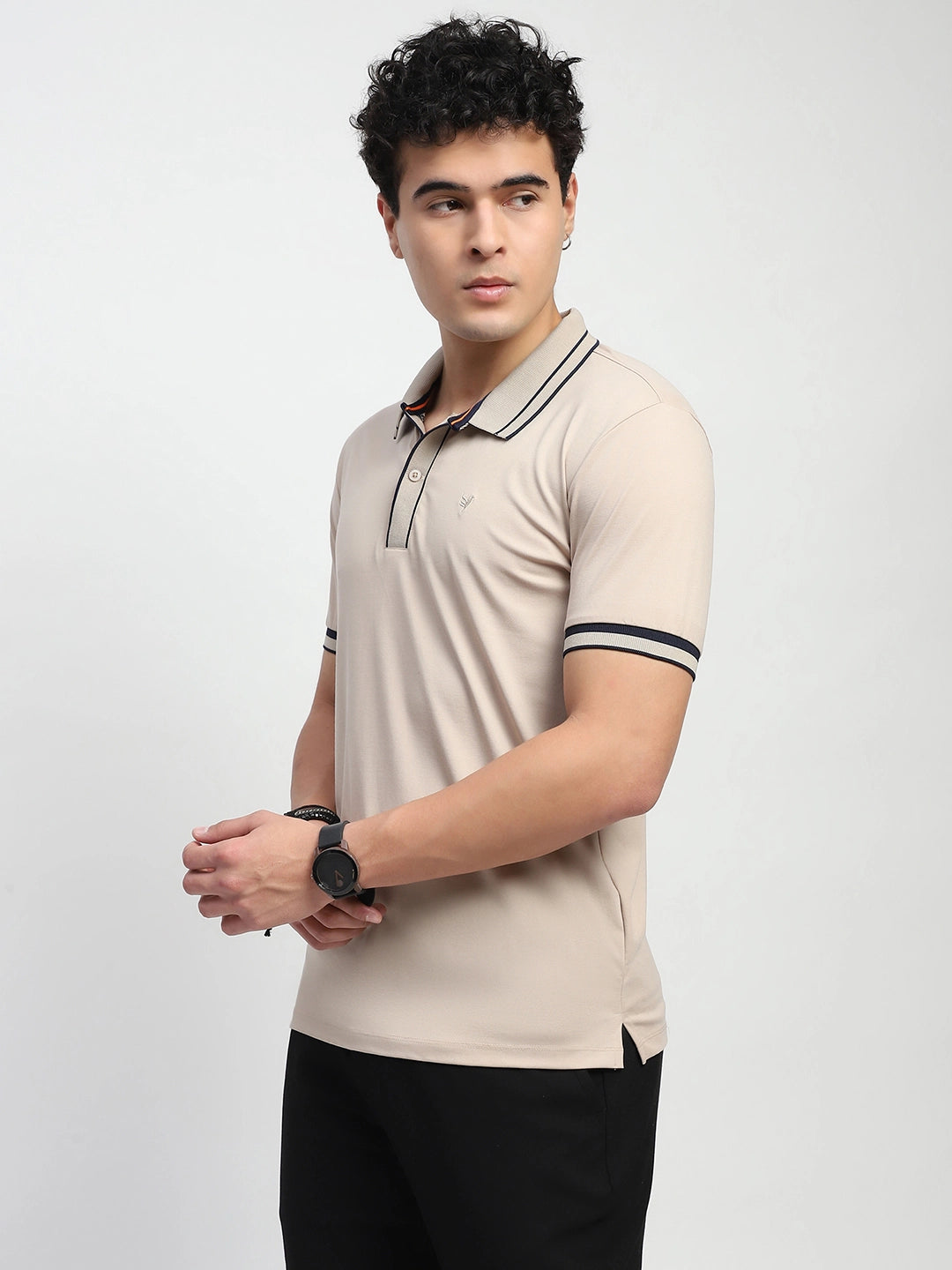Beige Solid Cotton Blend Polo T-Shirt - Global Republic