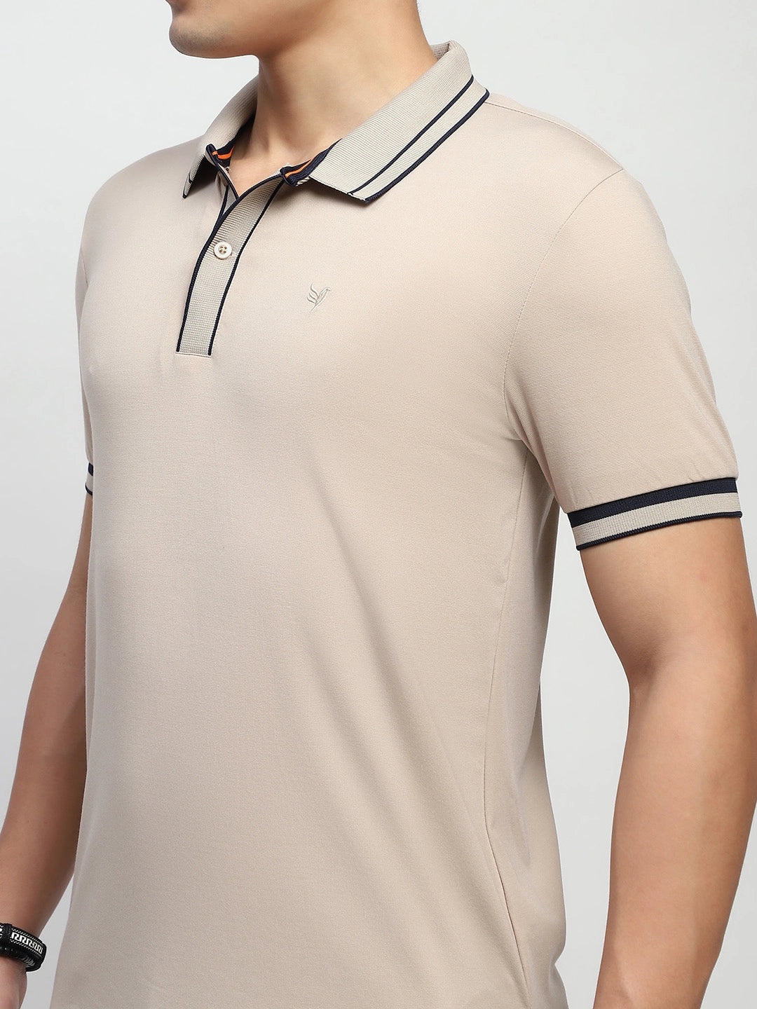 Beige Solid Cotton Blend Polo T-Shirt - Global Republic