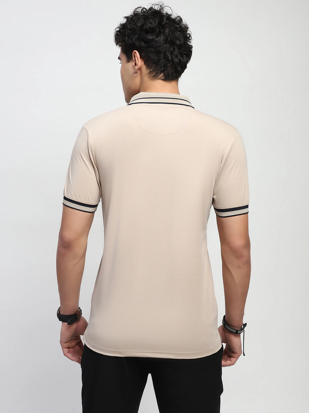 Beige Solid Cotton Blend Polo T-Shirt - Global Republic