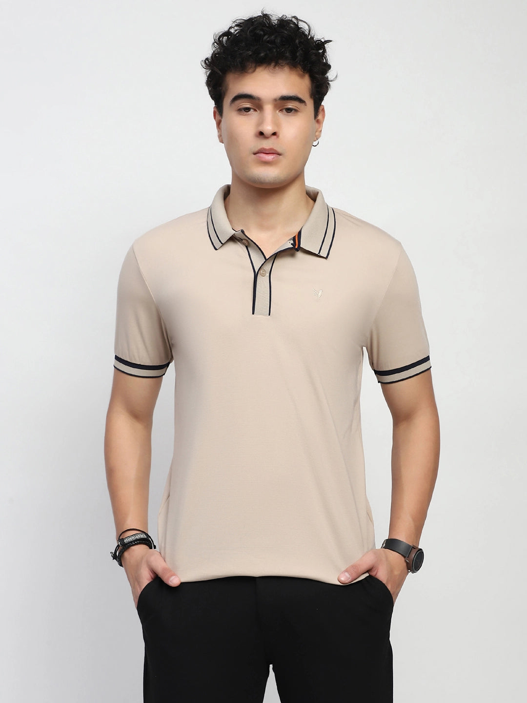 Beige Solid Cotton Blend Polo T-Shirt - Global Republic