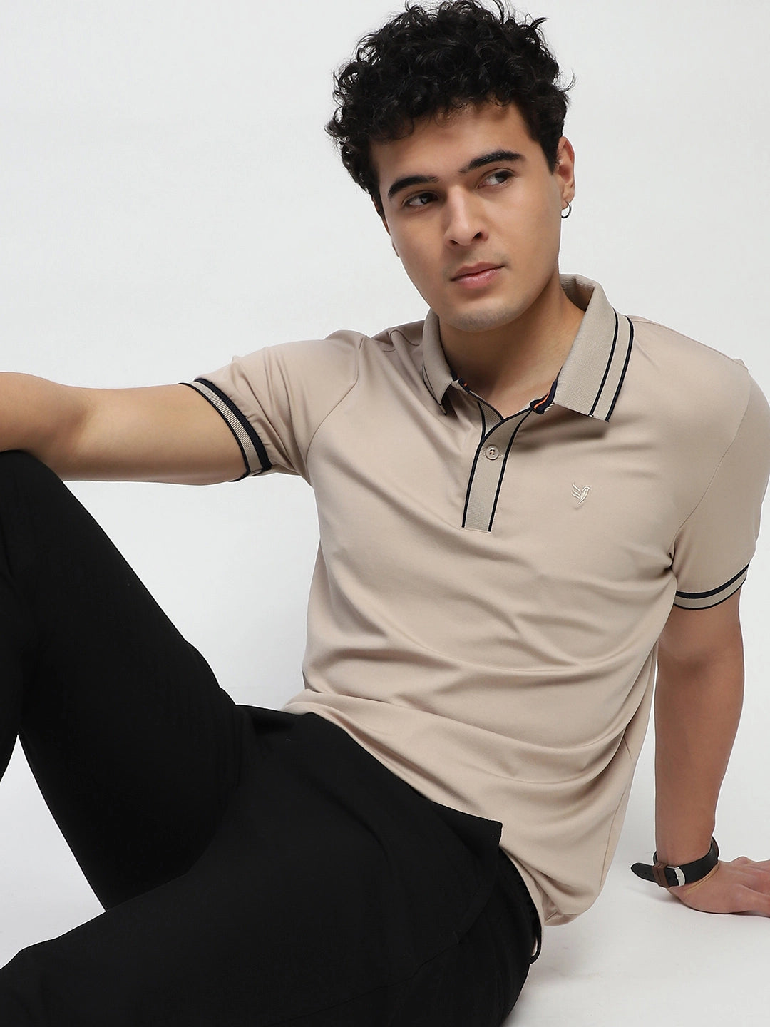 Beige Solid Cotton Blend Polo T-Shirt - Global Republic