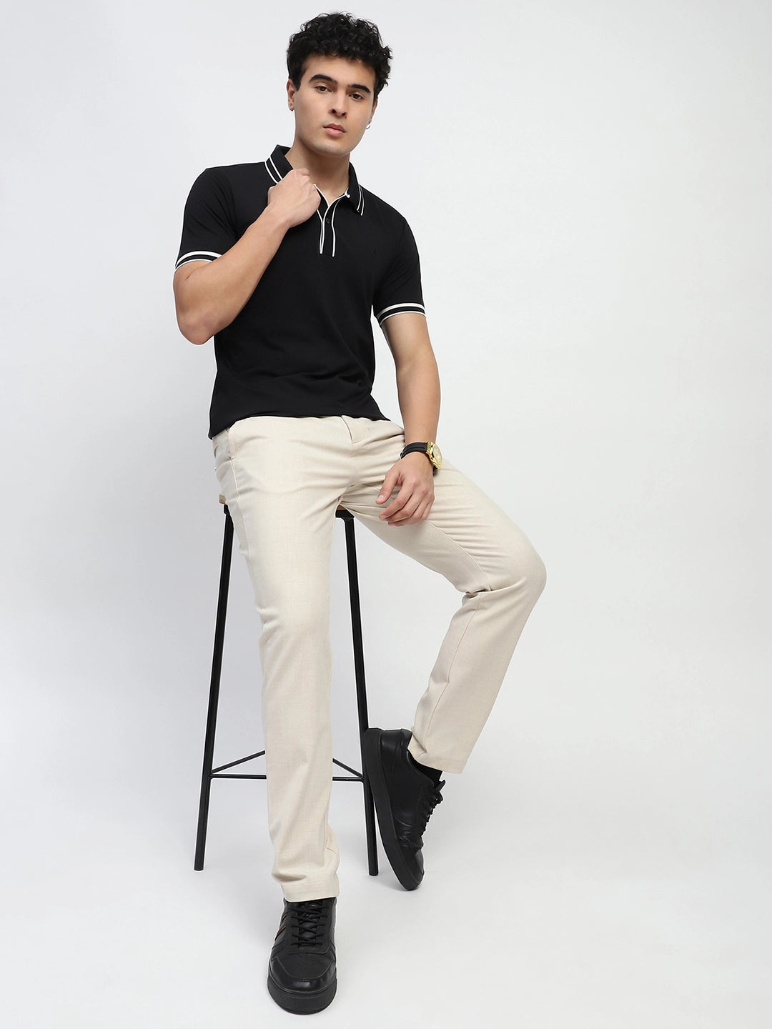 Black Solid Cotton Blend Polo T-Shirt - Global Republic