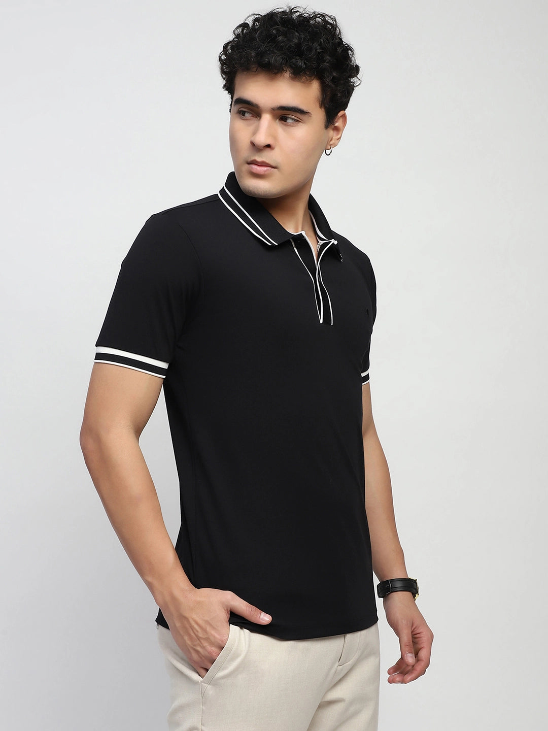Black Solid Cotton Blend Polo T-Shirt - Global Republic