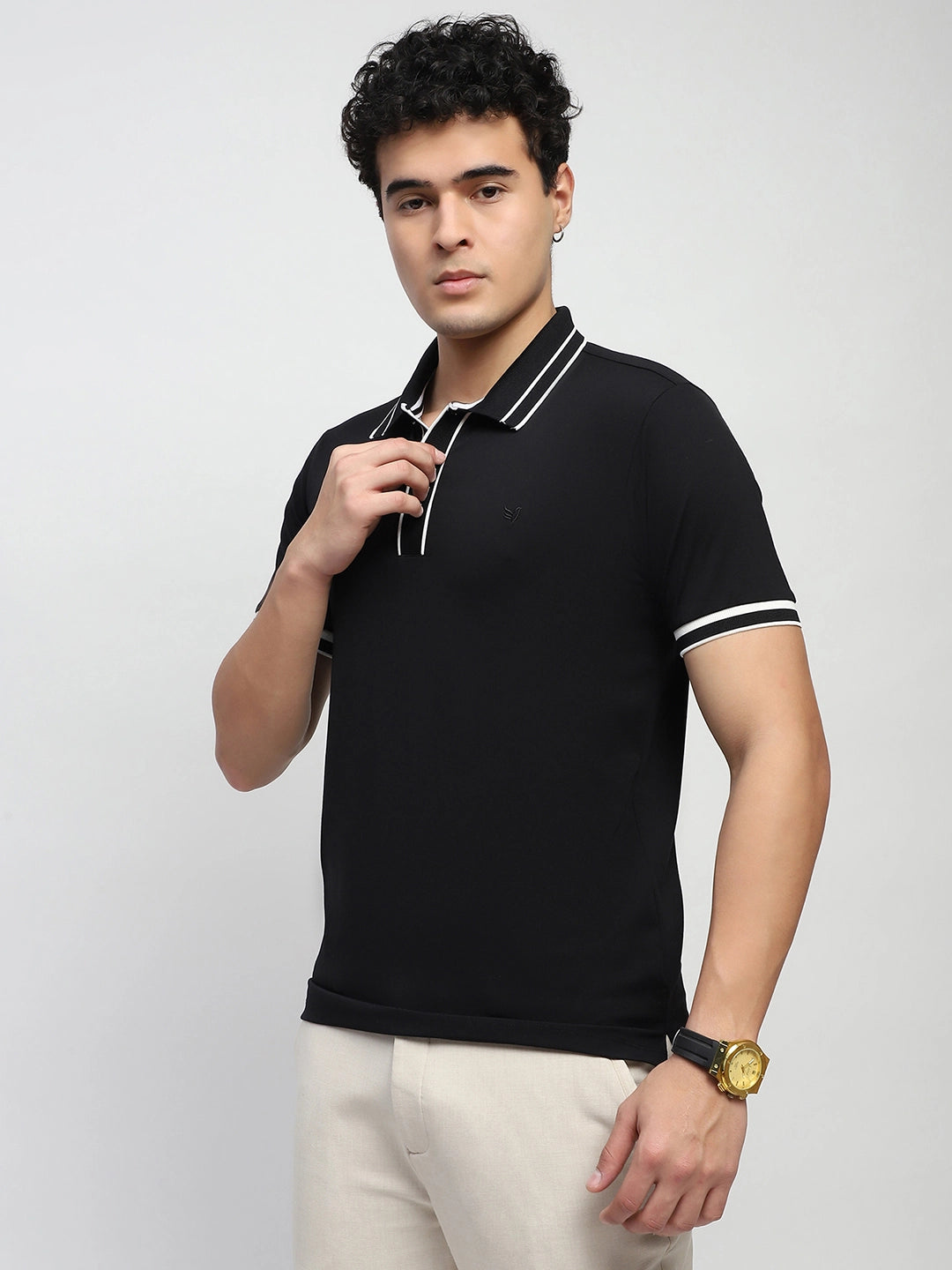 Black Solid Cotton Blend Polo T-Shirt - Global Republic
