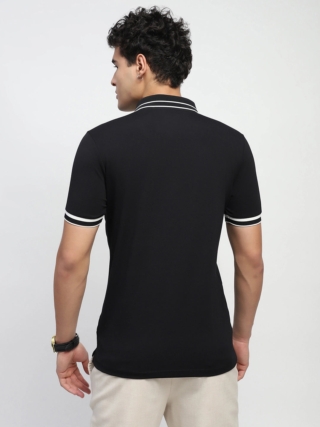 Black Solid Cotton Blend Polo T-Shirt - Global Republic