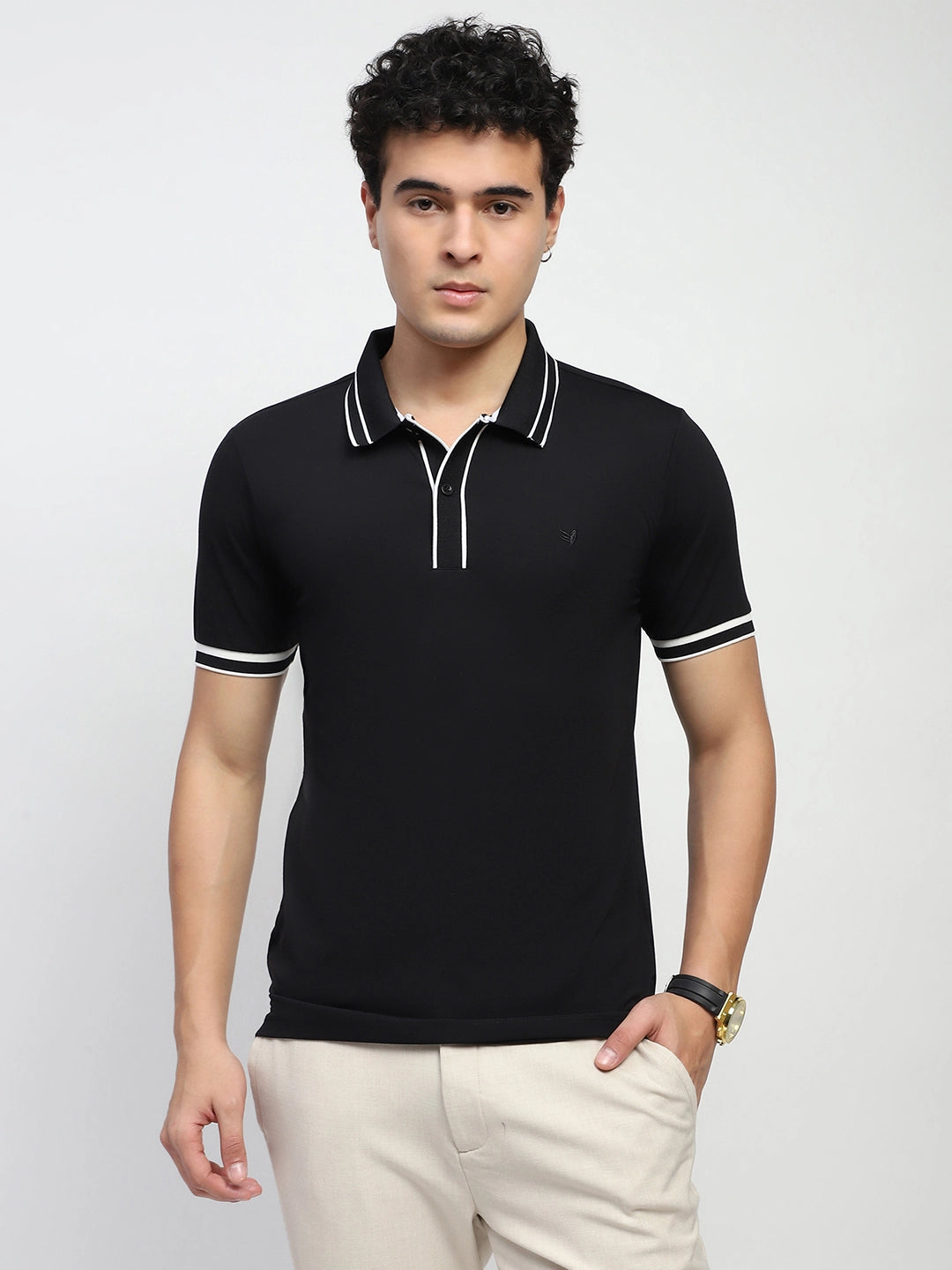 Black Solid Cotton Blend Polo T-Shirt - Global Republic