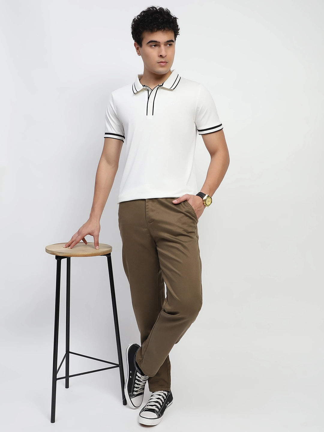 White Solid Cotton Blend Polo T-Shirt - Global Republic