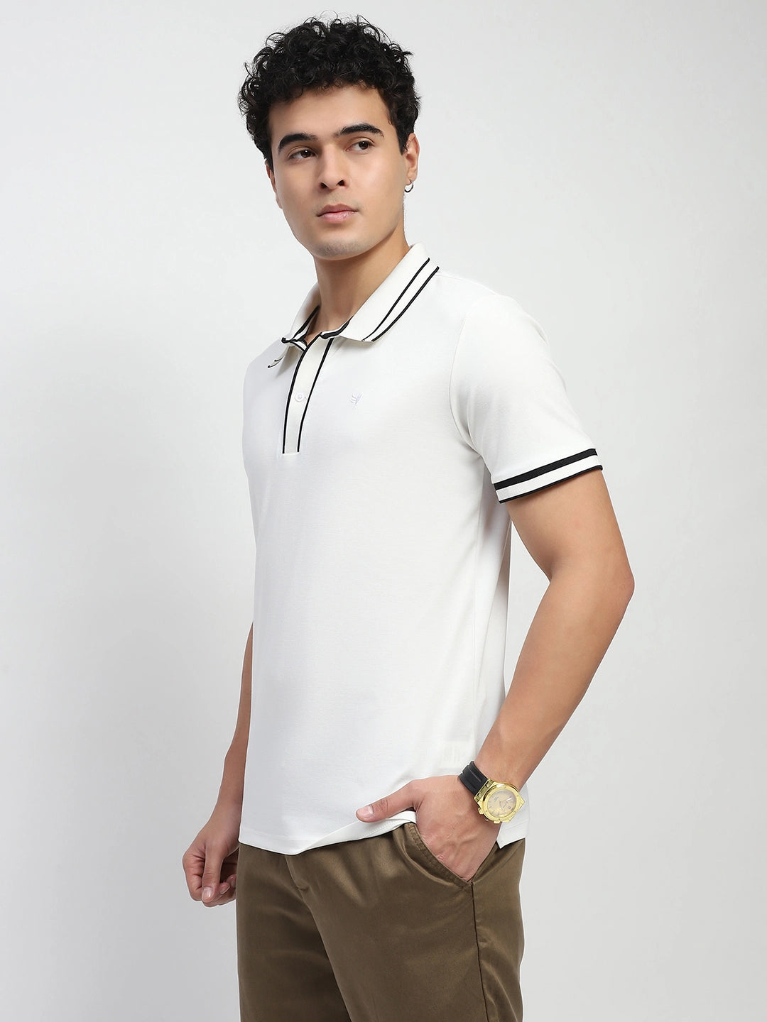 White Solid Cotton Blend Polo T-Shirt - Global Republic