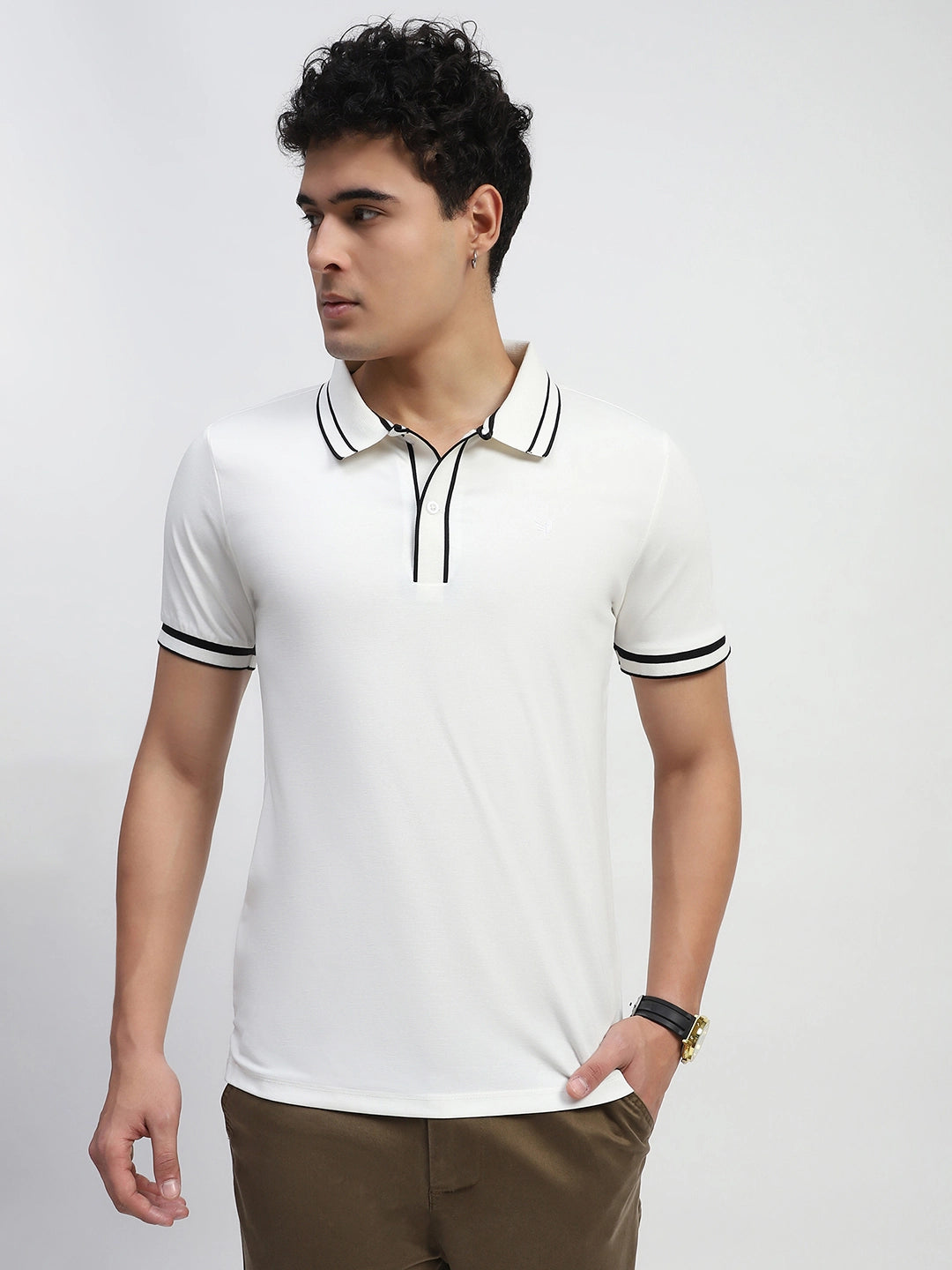 White Solid Cotton Blend Polo T-Shirt - Global Republic