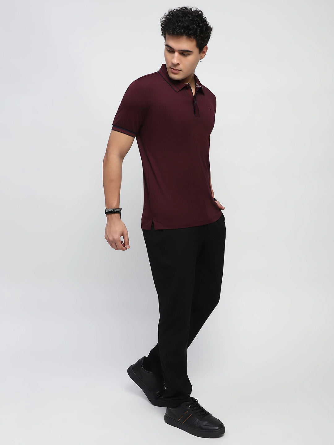 Wine Solid Cotton Blend Polo T-Shirt - Global Republic