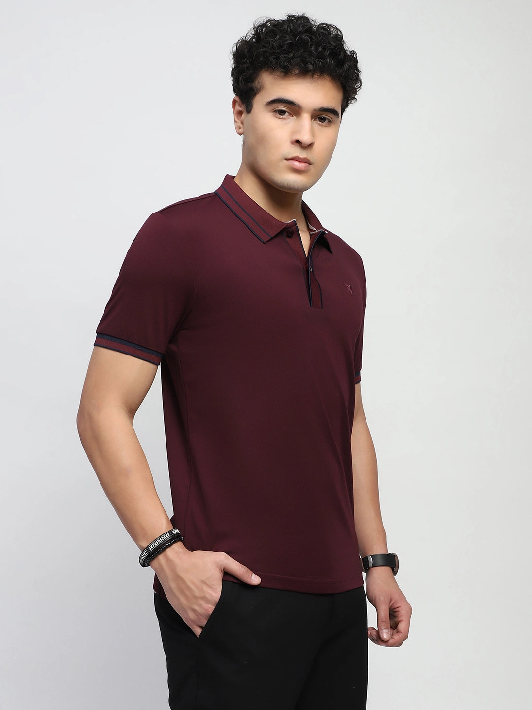 Wine Solid Cotton Blend Polo T-Shirt - Global Republic