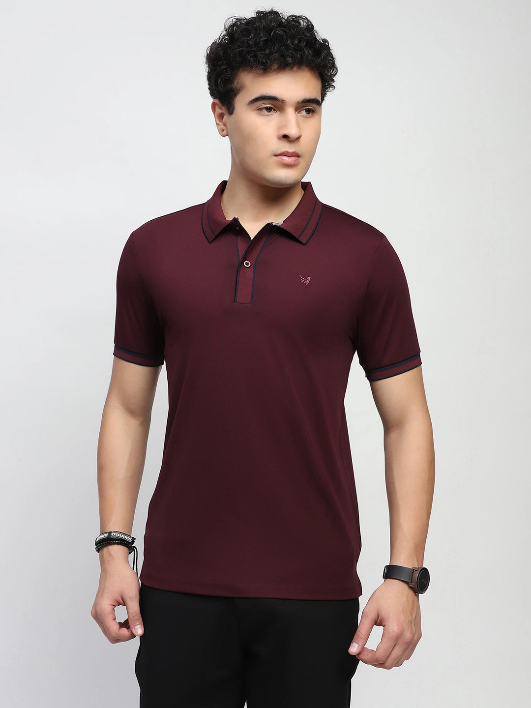Wine Solid Cotton Blend Polo T-Shirt - Global Republic