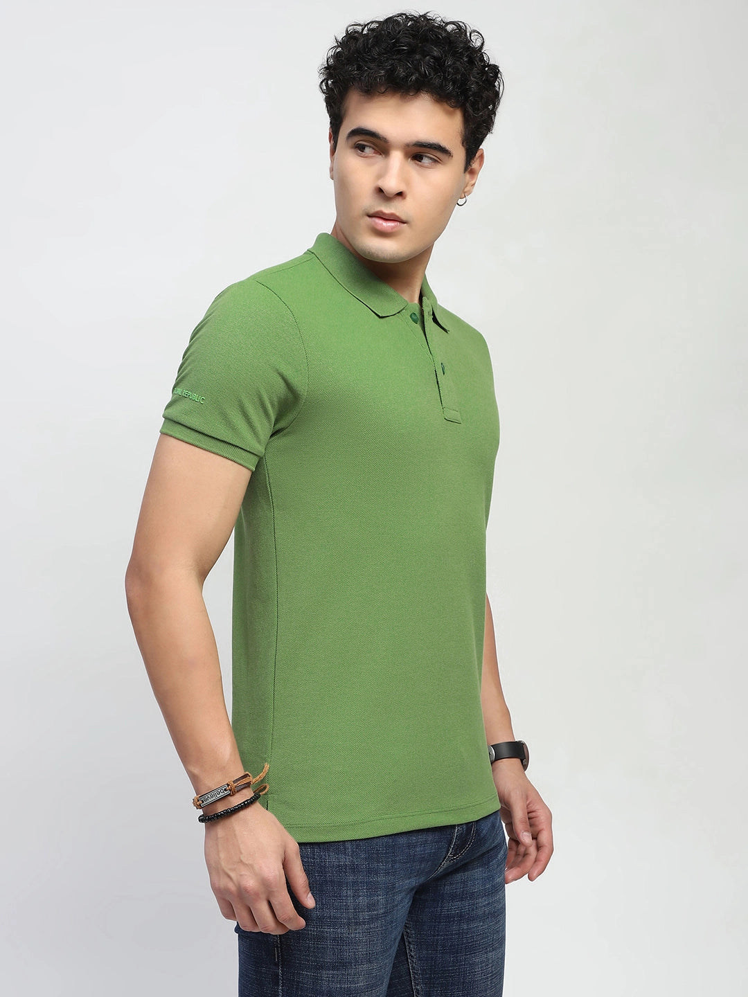 Green Solid Cotton Blend Polo T-Shirt - Global Republic
