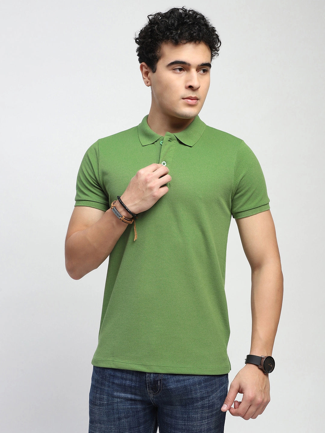 Green Solid Cotton Blend Polo T-Shirt - Global Republic