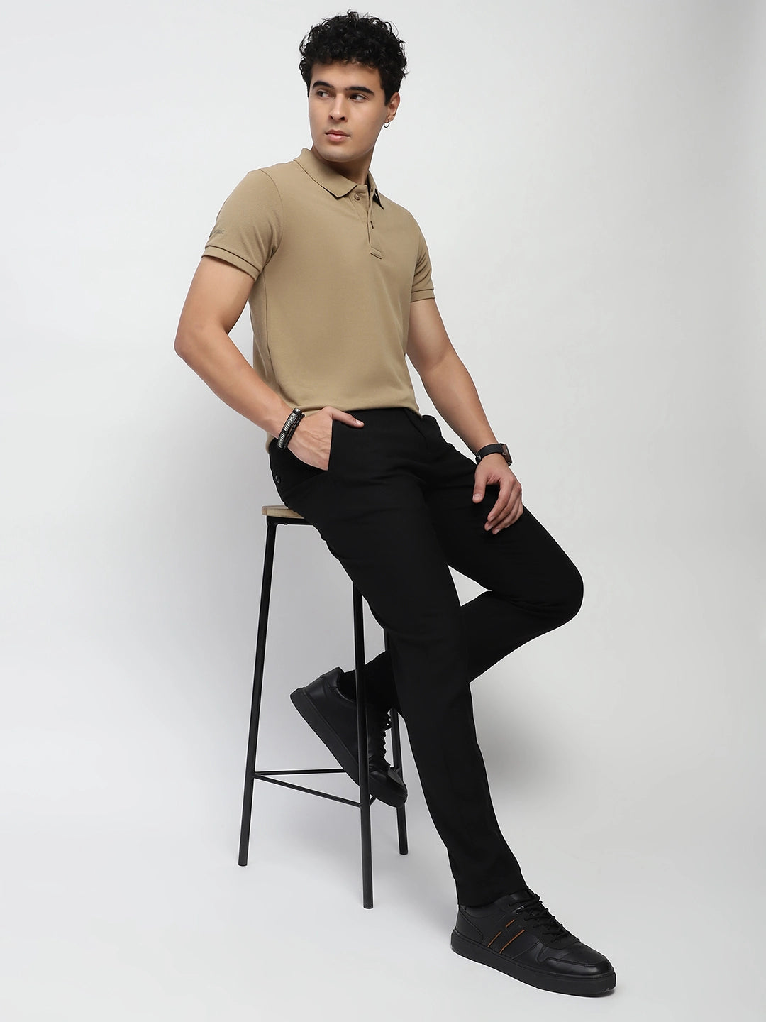 Khaki Solid Cotton Blend Polo T-Shirt - Global Republic
