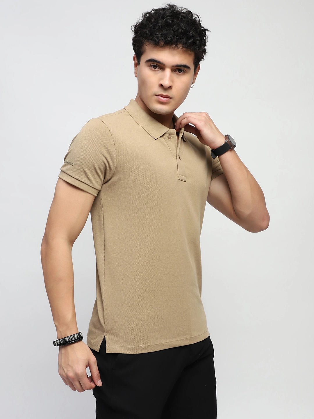 Khaki Solid Cotton Blend Polo T-Shirt - Global Republic