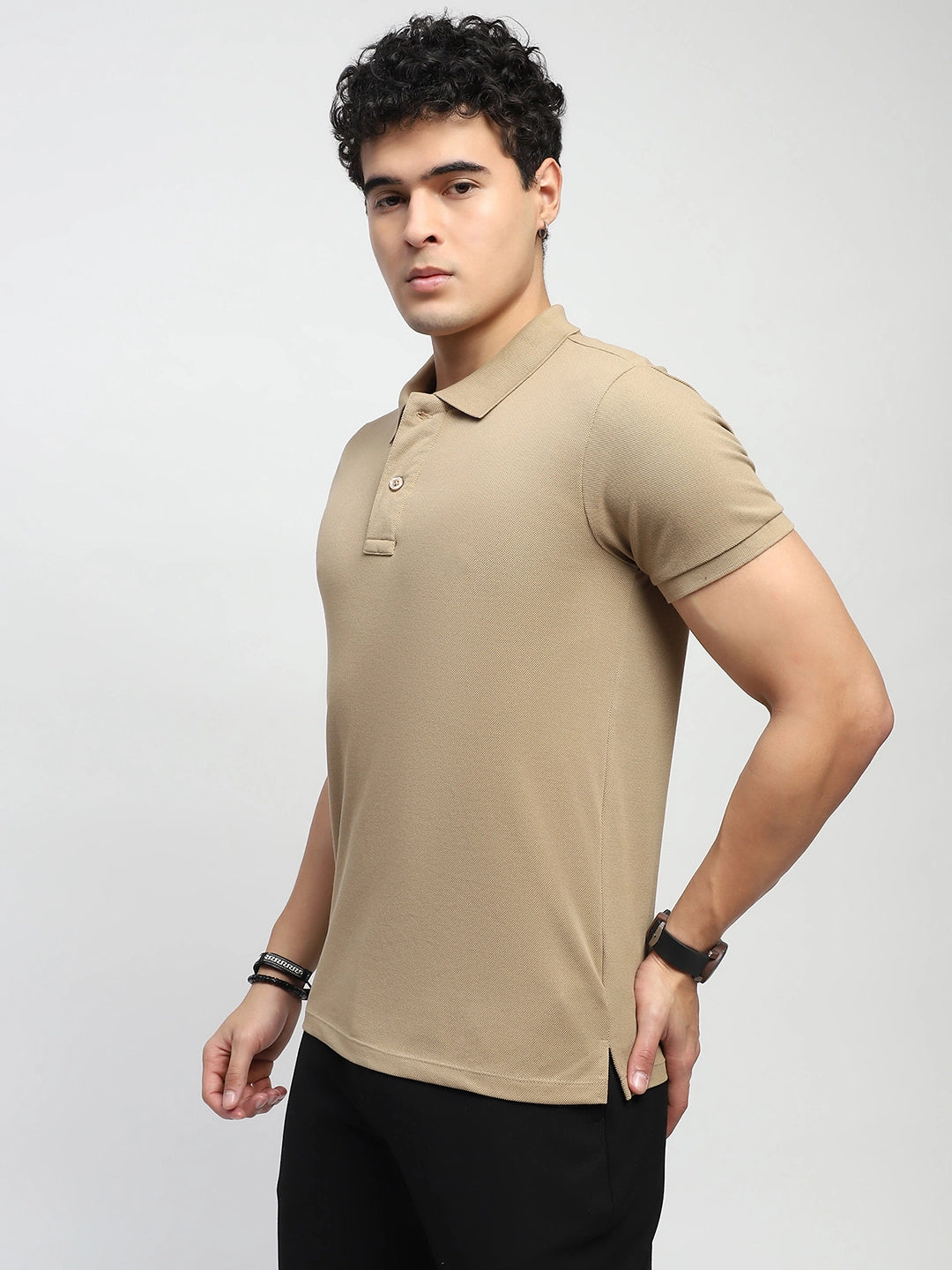 Khaki Solid Cotton Blend Polo T-Shirt - Global Republic