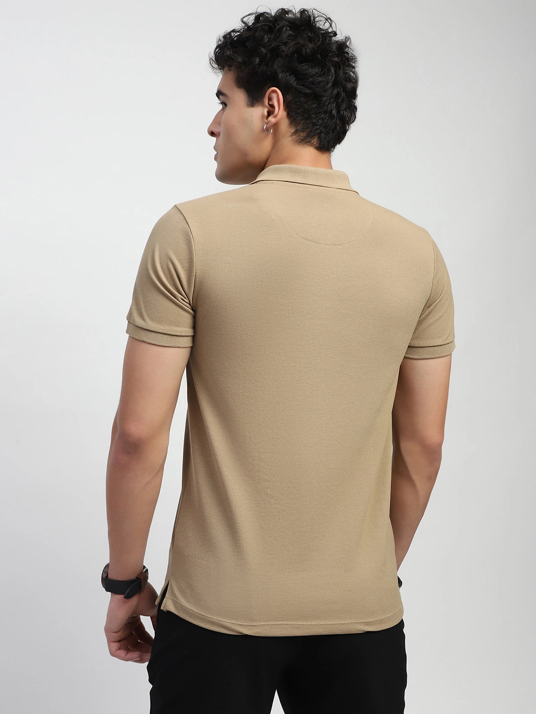 Khaki Solid Cotton Blend Polo T-Shirt - Global Republic