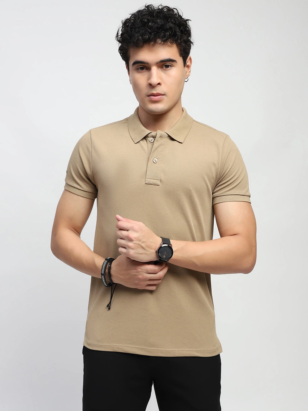 Khaki Solid Cotton Blend Polo T-Shirt - Global Republic