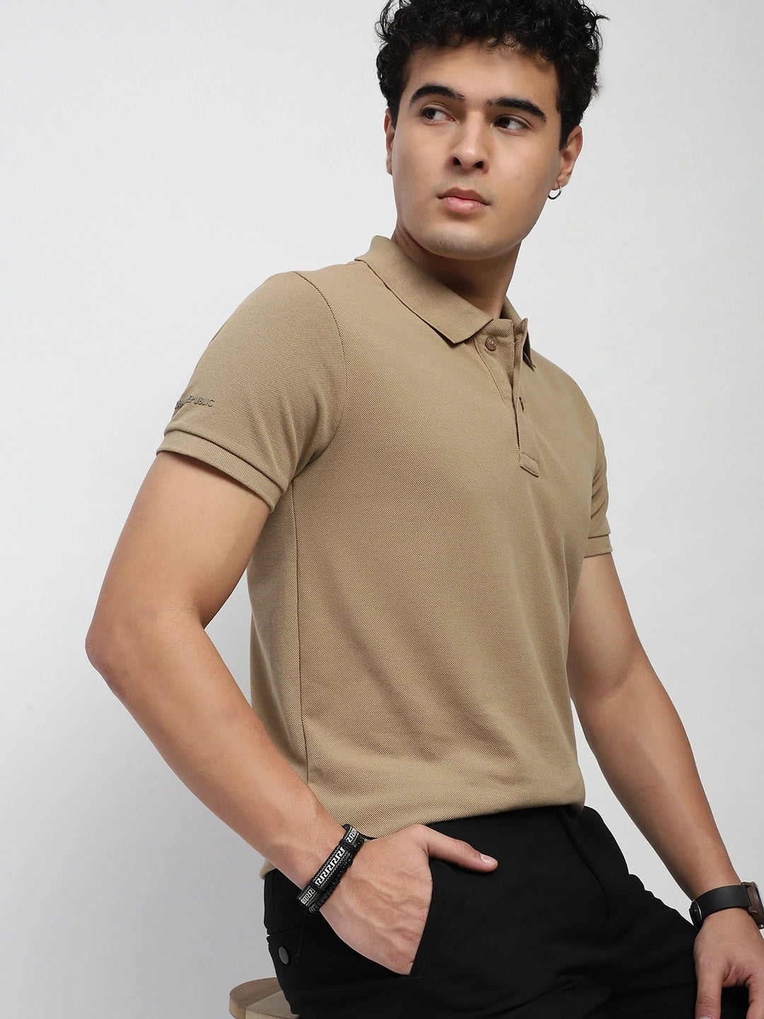 Khaki Solid Cotton Blend Polo T-Shirt - Global Republic