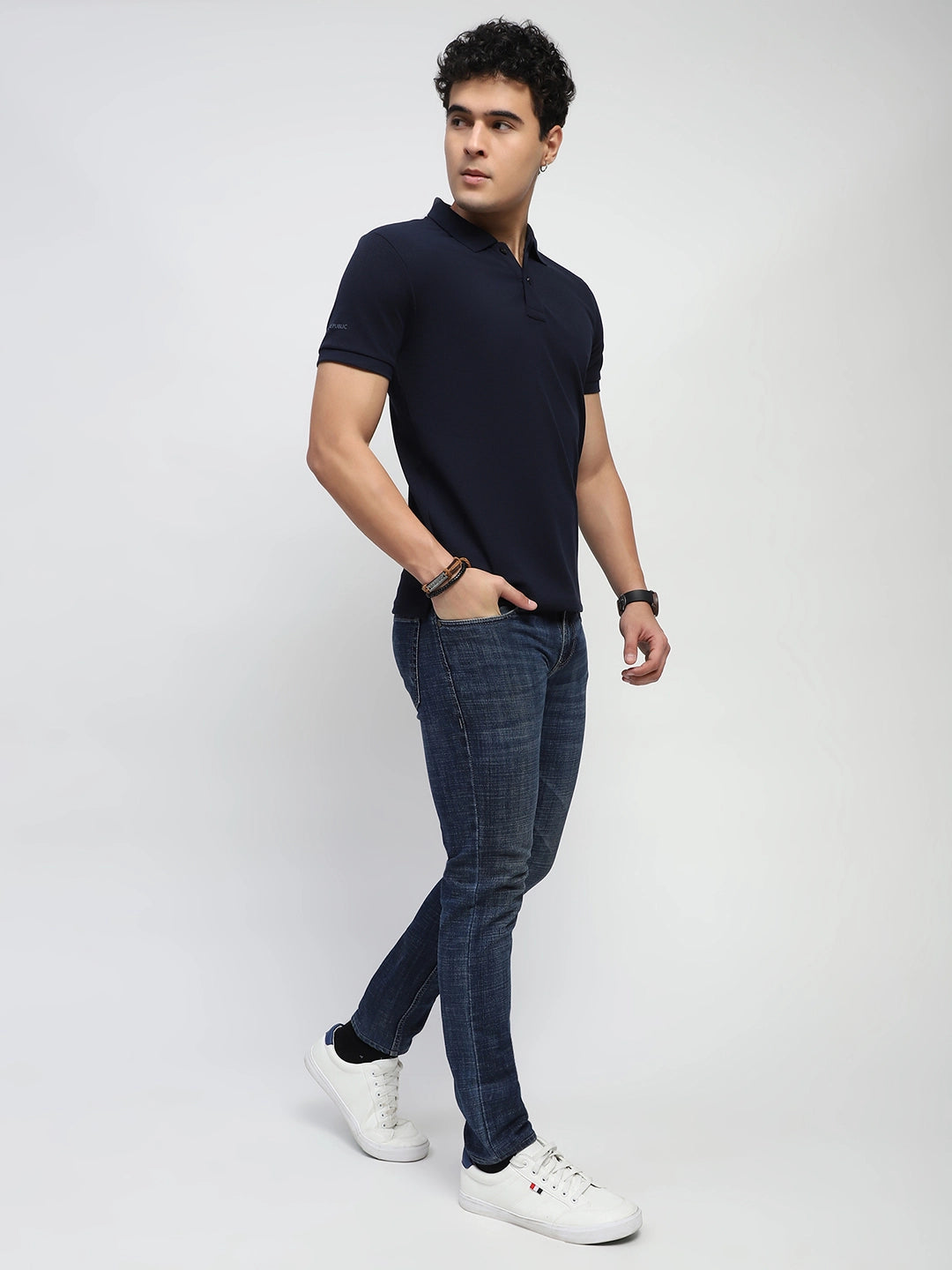 Navy Solid Cotton Blend Polo T-Shirt - Global Republic