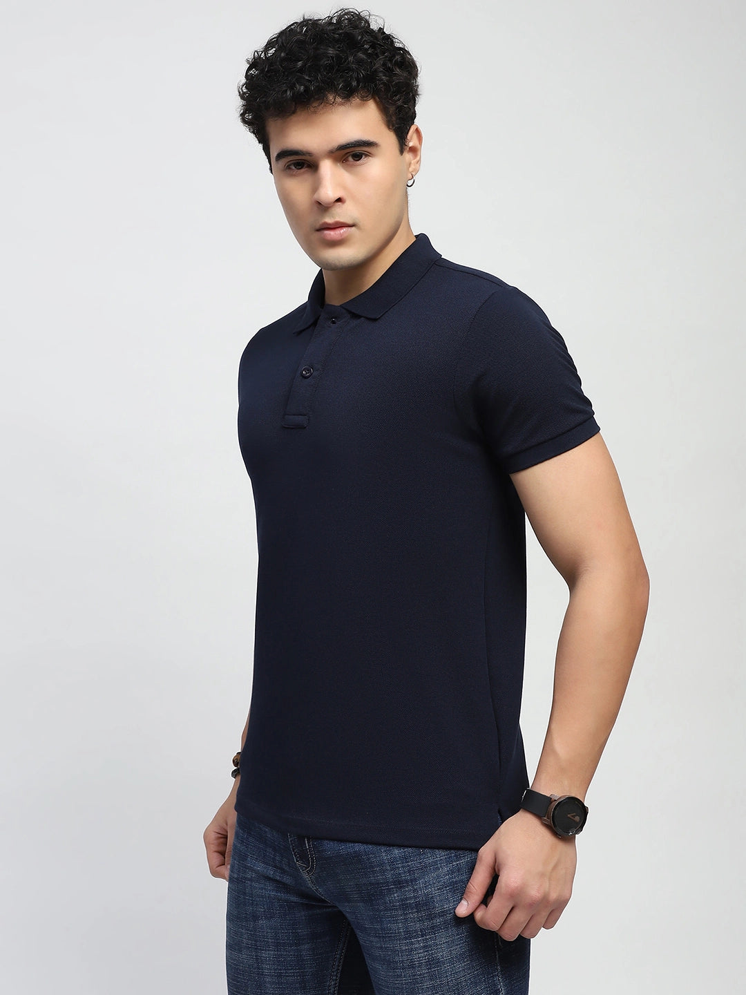 Navy Solid Cotton Blend Polo T-Shirt - Global Republic