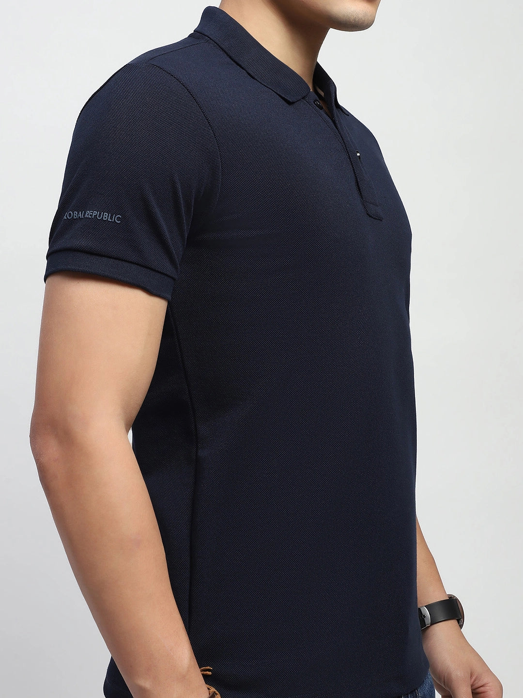 Navy Solid Cotton Blend Polo T-Shirt - Global Republic