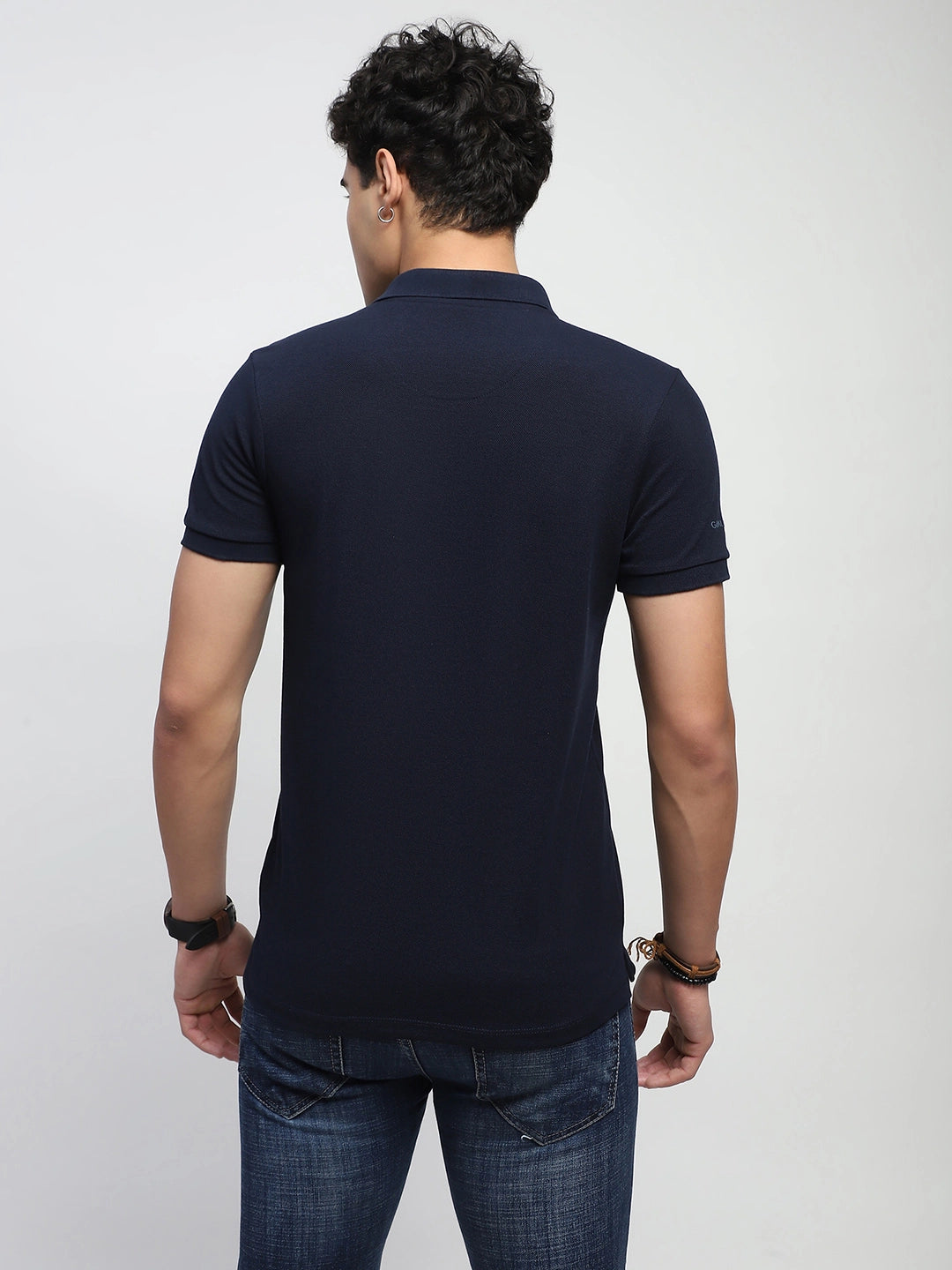 Navy Solid Cotton Blend Polo T-Shirt - Global Republic