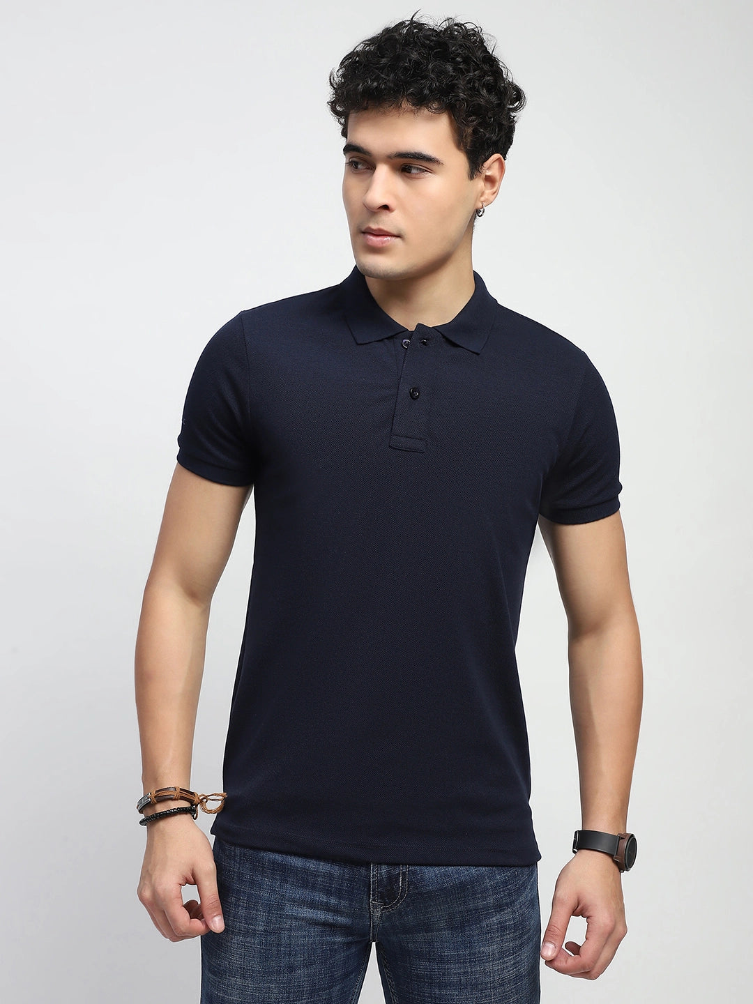 Navy Solid Cotton Blend Polo T-Shirt - Global Republic