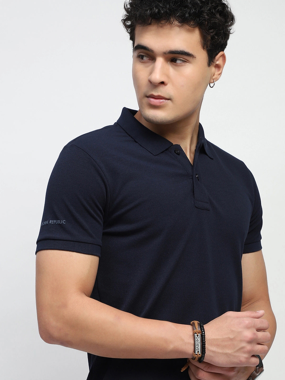 Navy Solid Cotton Blend Polo T-Shirt - Global Republic
