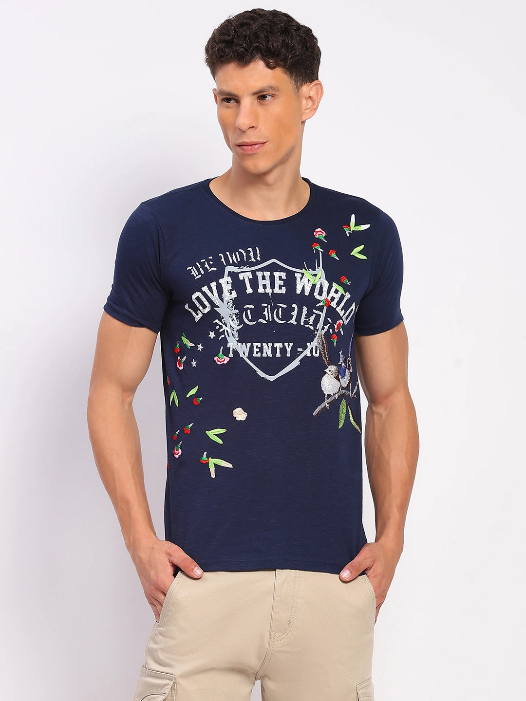 Navy Cotton Typographic Print & Embroidered T-Shirt - Global Republic