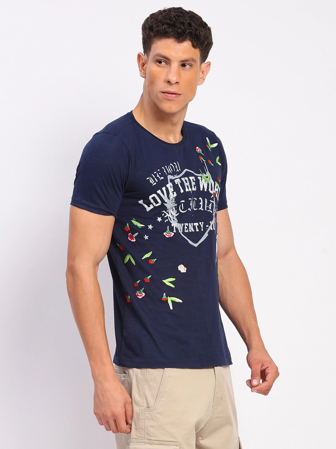 Navy Cotton Typographic Print & Embroidered T-Shirt - Global Republic