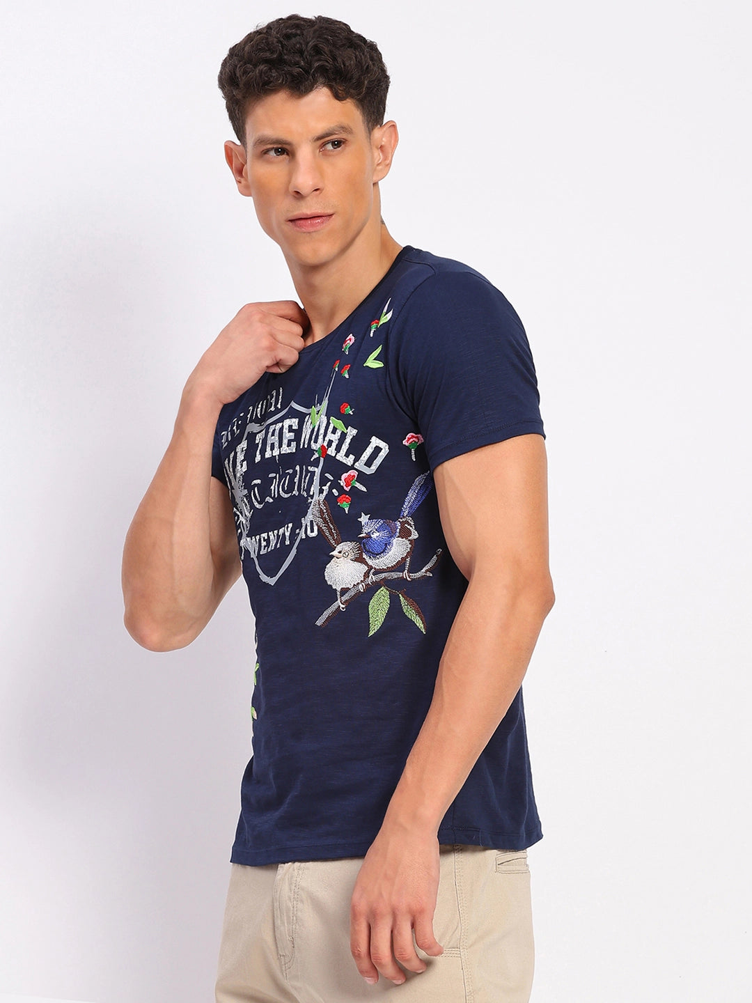 Navy Cotton Typographic Print & Embroidered T-Shirt - Global Republic
