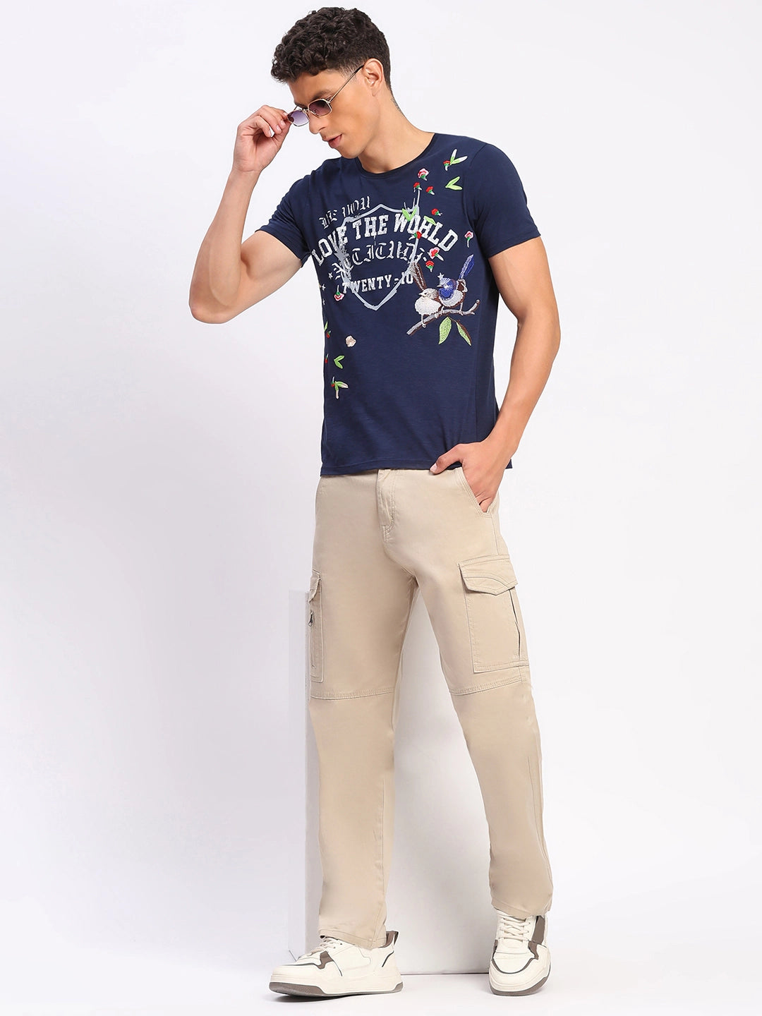 Navy Cotton Typographic Print & Embroidered T-Shirt - Global Republic