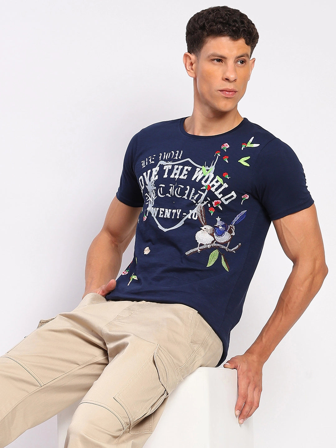 Navy Cotton Typographic Print & Embroidered T-Shirt - Global Republic